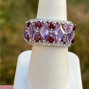 925 Sterling Silver Amethyst & Garnet Wide Band Cocktail Ring size 6.5